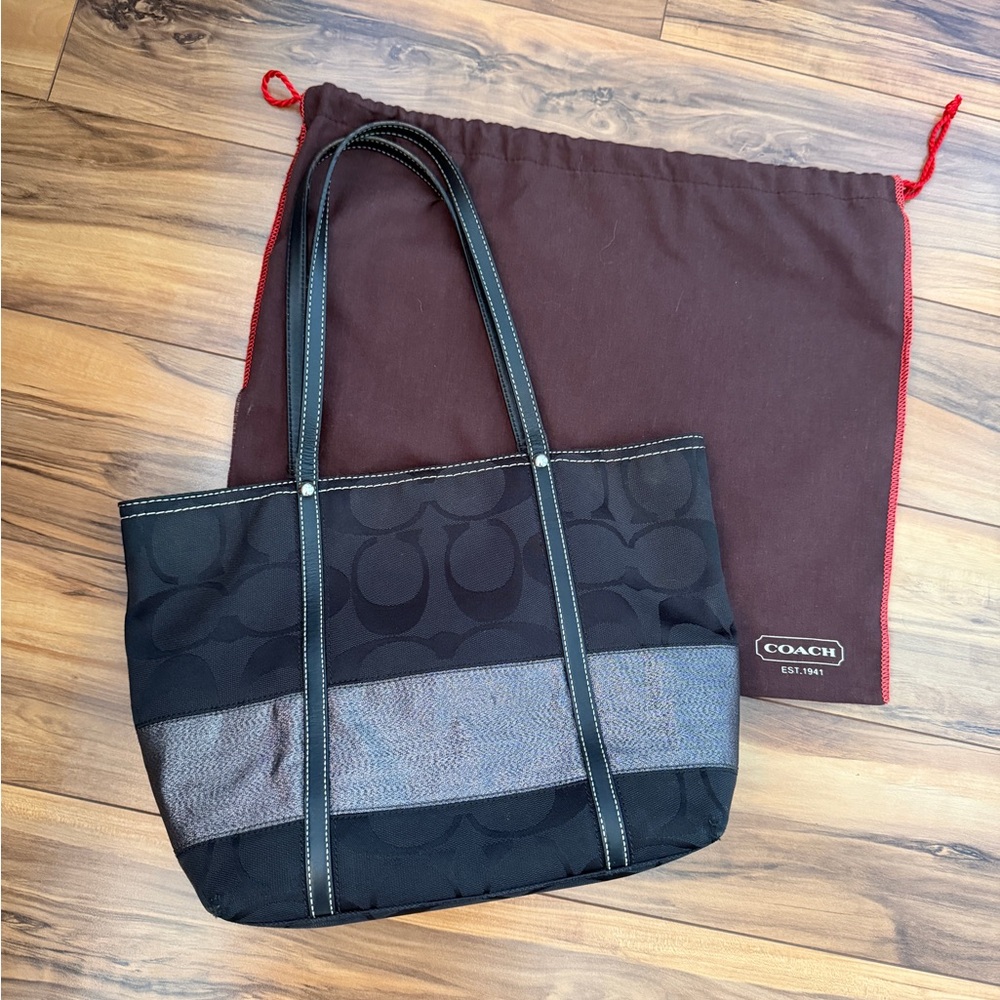 COACH Black Signature Canvas Tote with Gray Accent Stripe